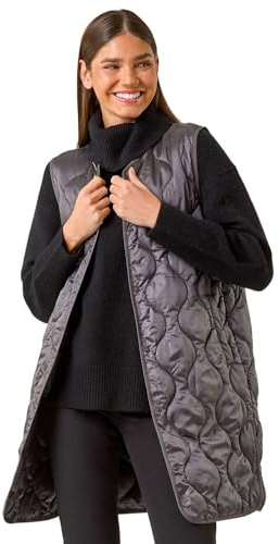 Roman Originals Quilted Collarless Buttoned Gilet for Women UK - Ladies Everyday Autumn Winter Funnel Neckline Comfy Soft Evening Vacation Work Party Night Out - Ash - Size 10