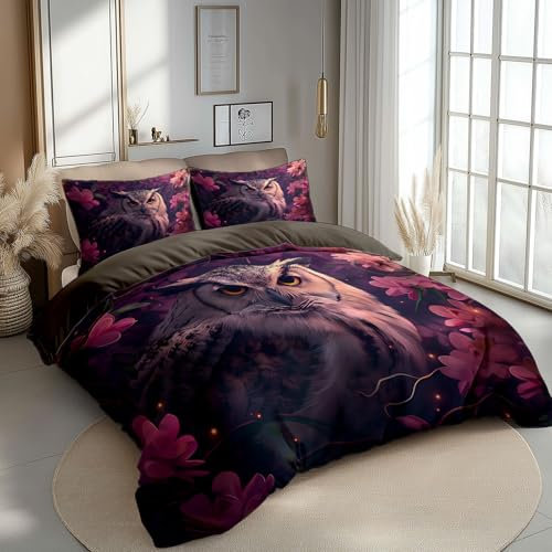 CozyRest 3 Teile Kinder Bettwäsche Set, Wendebettwäsche Mikrofaser, Tier schöne Eule Bettbezug, 155 x 220 cm Reversible, Dunkelgrau Braun / 80 x 80 cm Kissenbezug, Pflegeleicht