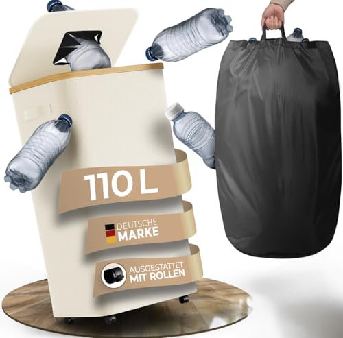 Weidenbach 110L Pfandflaschen Sammelbehälter mit Rollen und Deckel mit Abnehmbarer Tragetasche - extra groß - Flaschensammler Behälter - Pfandflaschen Aufbewahrung - Leergut (Beige)