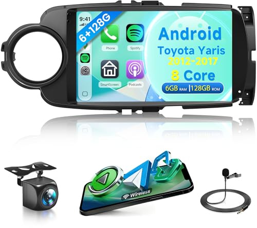 8 Core 6G+128G Android Autoradio per Toyota Yaris GRMN 2012-2017 Wireless Carplay Android Auto, 9 Pollici Touchscreen Autoradio GPS Navi WiFi Mirror Link Bluetooth FM/RDS/DSP/SWC Telecamera Posteriore