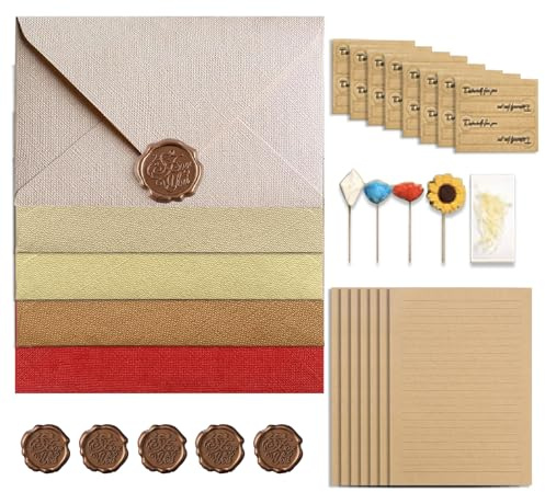 Foonary 31 Stück Briefpapier Vintage Papier mit 5 Briefumschläge Retro 8 Liebesbrief Papier A5 und 5 Wachssiegel Aufkleber Briefpapier für Geburtstag, Hochzeits Einladung Grußkarten