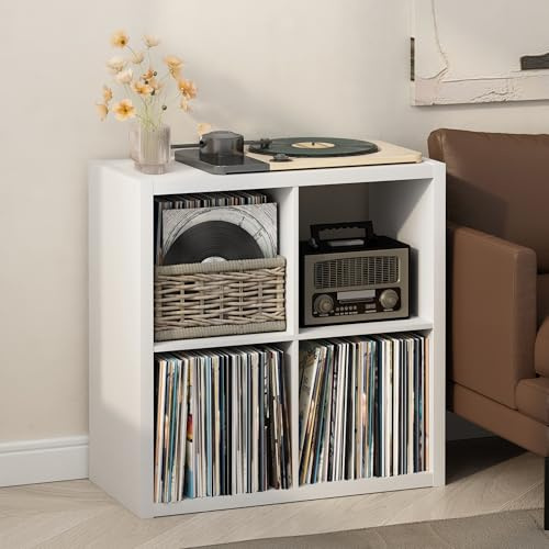 Furinno CUBICLE Mobile per Giradischi con Raccoglitore per Vinili, 4-Cube 1.2 Extra Spesso Raccoglitore per Dischi in Vinile, Scaffale Multimediale Aperto sul Retro per CD DVD Dischi, Bianco