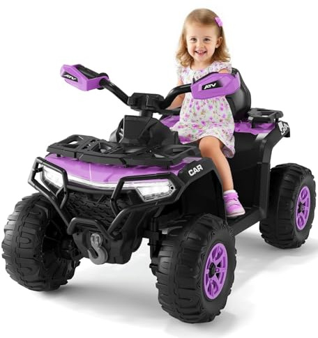 Garvee Quad Eléctrico Niño 12 V, Coche Eléctrico 4 Ruedas Todoterreno con 2 Motores, Mando a Distancia Parental, Suspensión, Faros LED, Música, Bluetooth, USB, Bandera Luminosa, para 3-6 años, Morado