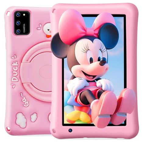 BISAIKASOW Kids Tablet 7 Inch Android 13 Octa-Core, 8GB+64GB, 5800mAh Battery, 5+8MP Dual Camera, Parental Control, Shockproof Silicone Case, GMS Certified, Educational Apps (Pink)