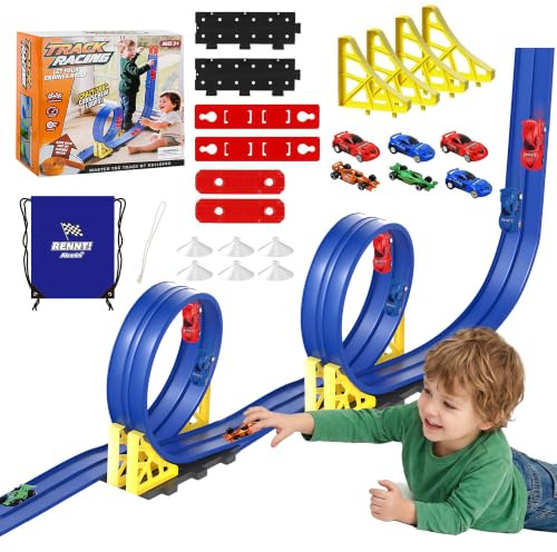 Flexible Rennbahn Kinder 5 m, Autorennbahn Kinder Doppel-Rennstrecke mit 6 Autos, Für 1/64 Autos, Spielzeug Geschenk für Kinder ab 3+, Blau