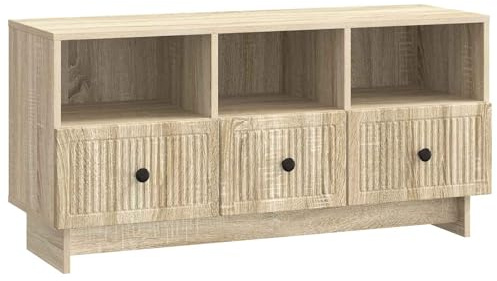 Foknhdi Mueble para TV Sonoma Roble 102 x 34,5 x 50 cm, mueble bajo de madera con 3 cajones, mesa de TV vintage para salón, mueble multimedia para TV y accesorios