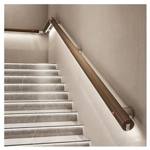 Pasamanos con iluminación LED Barandilla de escalera de madera Pasamanos de escalera montados en la pared con sensor Material: madera de pino(Brown-Right,170cm)