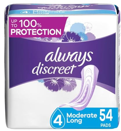 Always Discreet, Inkontinenz- und postpartale Einlagen für Frauen, Größe 4, moderate Saugfähigkeit, lange Länge, 54 Stück