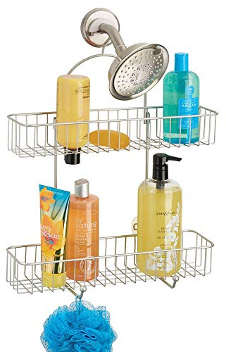 mDesign breiter Duschkorb ohne Bohren – Hängeregal aus rostbeständigem Metall für Shampoo, Duschgel etc. – Duschablage zum Hängen über den Duschkopf – mit 2 Körben und 2 Haken – mattsilber