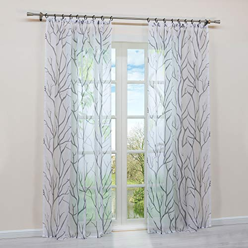 HongYa 1 Stück Transparente Gardine Schal mit Kräuselband Voile Vorhang Fensterschal Äste Muster H/B 245/140 cm Weiß Grau