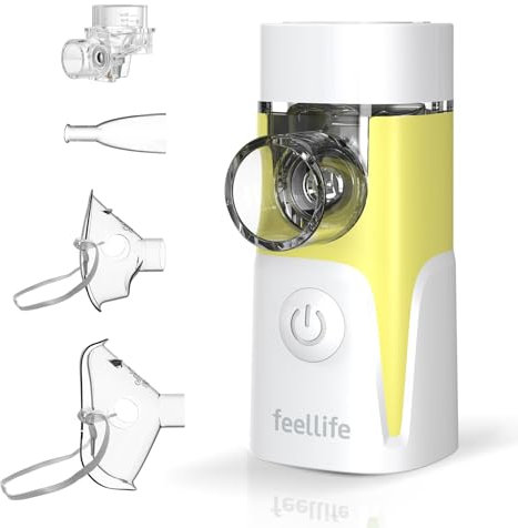 FEELLIFE Inhalator Erwachsene Kinder, Inhalationsgerät Erwachsene, Vernebler Inhaliergerät, Nebulizer Inhalator Leiser Unter 25 dB, Tragbar Wiederaufladbar Inhalationsgerät Atemwegserkrankungen Gelb