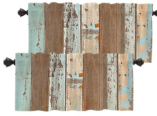 Batmerry Rustikaler Küchenvolant aus Holz, Halbfenstervorhang, braunes blaues Holzbrett-Wandbrett, für Fenster, wärmeisoliert, Volant Dekoration, reduziert das Licht, 132 x 45,7 cm