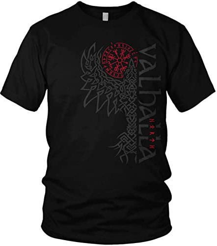 NØRTH Legendary Herren T-Shirt - Valhalla Odin Rabe Hugin Munin Brust Aufdruck, nordische Wikinger Walhalla Geschenke für Männer, Odin Thor Valhalla Viking Shirt, Größe:5XL, Farbe:Blutrot