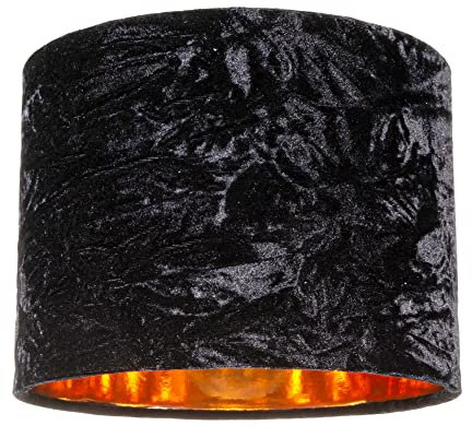 Modern and On-Trend Vivid Black Crushed Velvet Fabric 8 Table or Pendant Circular Drum Lampshade with Shiny Copper Inner - 40watt Maximum | Perfect for Residential or Commercial by Happy Homewares