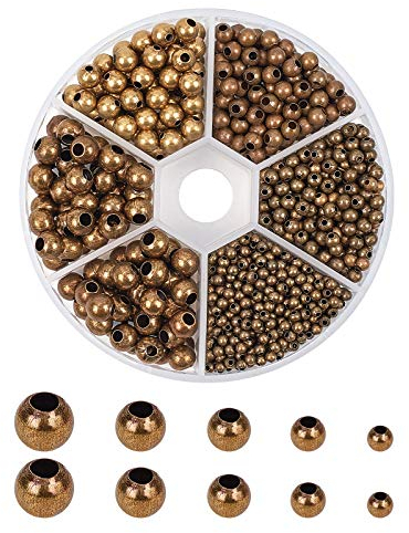 PandaHall Environ 1190pcs 5 Tailles Perles Intercalaires, 2.4/3/4/5/ 6mm Perles en Laiton en Vrac pour la Fabrication de Bijoux de Collier de Bracelet, Antique Bronze
