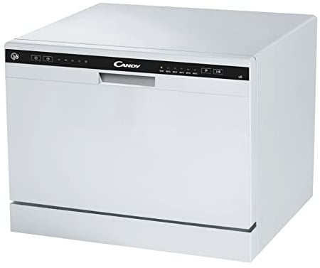 Candy CDCP 6 - kleiner Geschirrspüler, 6 Geschirr-Sets, digital, 51 dBA, 6 Zyklen, Überlaufschutz, Anzeige für Salz und Klarspüler, Anschlag im unteren Korb, abklappbare Gitter, Klasse F, weiß