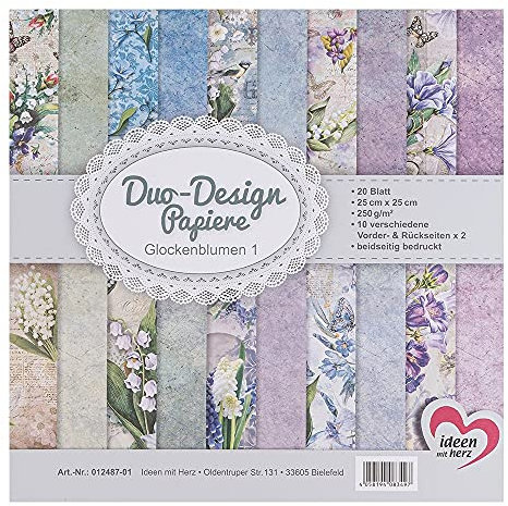 Ideen mit Herz Duo-Design-Papiere | Block mit 20 Blatt Bastelpapier | 25 x 25 cm | 250g/m² | beidseitig bedruckt | Designpapier, Motivpapier | ideal für Scrapbooking, Basteln (Glockenblumen 01)