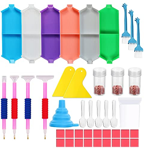Allazone 45 Pack Large Capacity Diamond Paint Tray Set, Bead Sorting Trays, Funnel, Cleaning Brush, Glue Clay for Diamond Paint Accessories