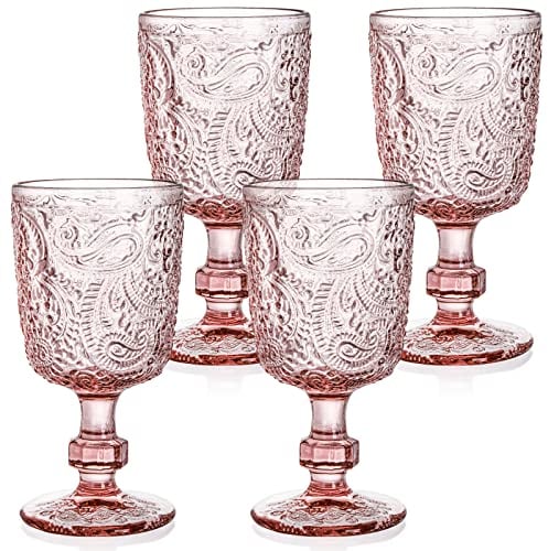 Tebery 4 Pack 300ml Pink Glass Wine Goblet Vintage, 10oz Colored Beverage Stemmed Glass Cups, Embossed Design Glassware Set for Water, Juice, Wine,Beer and Cocktails