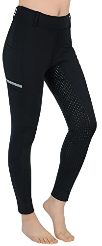 SPOEAR Horse Riding Pants Equestrian Girls Full Seat Silicone Breeches Kids Pull-On Horseback Riding Tights Pockets(Black,M)