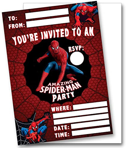 Shmaki Spiderman Birthday Party Invitations Invites Boy And Girl Children Kids Pack With Envelopes (20 Pack)