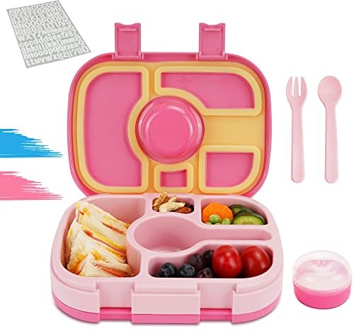 Eowihor Brotdose Kinder mit Fächern, 640 ML Auslaufsichere Bento Box Kinder mit Löffel & Gabel, 1 Soßentöpfe, Namensticker, Lunchbox kinder für Kindergarten Mädchen und Jungen