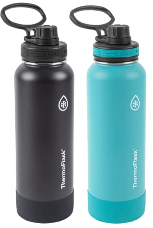 ThermoFlask 40 oz Double Wall Vacuum Insulated Stainless Steel 2-Pack of Water Bottles, Onyx Black/Splash