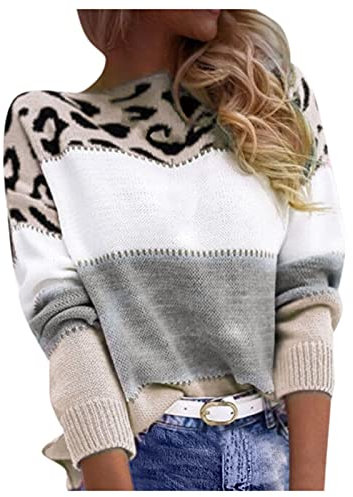 Generic Pullover Damen Leopard Strickpullover Langarm Rundhals Sweater Patchwork Sweatshirt Herbst Winter Elegant Pulli Warme Lose Blusen Oberteile Tops, Grau, XXL