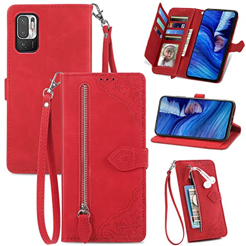 MOJIA Coque Porte Monnaie pour Xiaomi Redmi Note 10 5G | Note 10T | Poco M3 Pro 5G, Etui Portefeuille en Cuir PU avec Cover en TPU, Etui Multifonctionnel Porte-Cartes avec Dragonne. Rouge