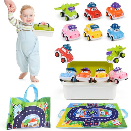 Coche Juguete para Bebé, 6 Piezas Empuje y Vaya Juguetes de Vehículos, Mini Tire hacia Atrás el Coche con Bolsas de Almacenamiento y Caja de Almacenamiento, Regalo de Camion para 3 4 5 Años Niño Niña