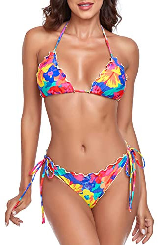 RELLECIGA Women's Wavy Triangle Bikini Set Brazilian Swimwear, Colorful Floral, X-Large
