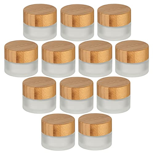 gouveo Lot de 12 pots à crème de 15 ml en verre mat avec couvercle en bois – Boîte à crème vide à remplir – Petites pots pour crème, cosmétiques, lotion – Pot cosmétique pour voyage et sac à main