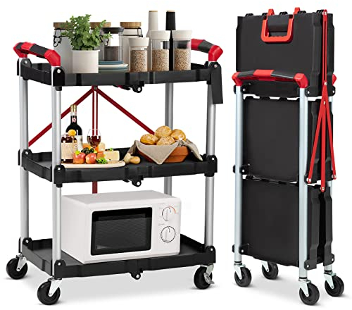 Towallmark Klappbar Servierwagen mit Rollen, 3 Etagen klappbar Rollwagen Küchenwagen 60x38x83cm Tragkraft 70 kg für Büro, Lager und Haus