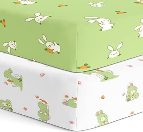 TWC Organic Cotton Cot Bed sheets for Baby Crib Bedding | 96x65x15 cm fitted sheet | Pack of 2 - Soft, Absorbent, Breathable Twill Fabric for Infants, Babies, Toddlers - White & Green Bunny
