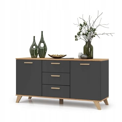 VBChome Kommode mit 3 Schubladen und 2 Türen 150x45x75 cm Antrazit Griffe Schubladenkommode Holz Mehrzweckschrank für Flur Schlafzimmer Wohnzimmer Kinderzimmer
