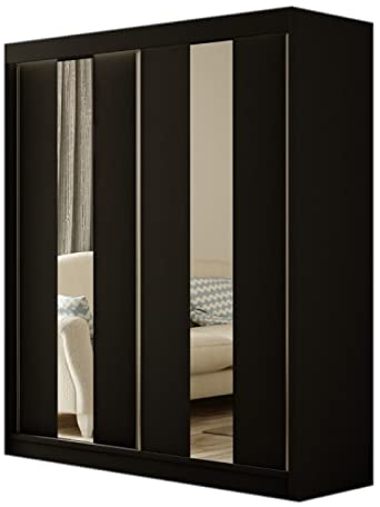 Margaret Hadas24 Kleiderschrank Lukas 200 cm mit Spiegel, Organizer, Mehrzweckschrank, Schwebetürenschrank, Garderobenschrank, Kleiderstange, Kleiderständer, Flurschrank, Schrank, 2-türig, schwarz