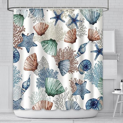 AIBIIN 180x180cm sous la mer thème Rideau de Douche Ensemble Marin étoile de mer Coquillage Corail mer imperméable Rideau de Bain avec 12 Crochets Moderne Maison Baignoire Tissu décoration