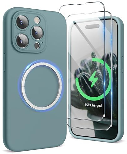 SURPHY Magnetic Case for iPhone 15 Pro Case with Screen Protector, Liquid Silicone Anti-Scratch Compatible with MagSafe Gel Rubber Phone Case for iPhone 15 Pro 6.1 inch, Cactus Green