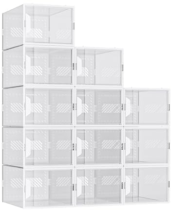 MYHMCT Shoe Storage Box, 12 Pack Clear Plastic Stackable Shoe Boxes Shoe Organizer Containers with Lids for Women/Men,Fit up to UK 12 (White)