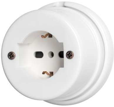 Presa Universale Bipasso/Schuko in Porcellana Bianca 10/16A 2P+T diametro 90mm, Viti e tasselli compresi, Stile Vintage – Materiale Resistente e Ideale per Impianti a Vista