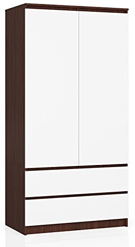 AKORD Zweitüriger Kleiderschrank S 90 cm 2 Schubladen mit Regalen und Einer Kleiderstange für EIN Schlafzimmer Kleiderschränke Minimalistischer Stil Laminierte Platte 16 mm Farbe Wenge/Weiß