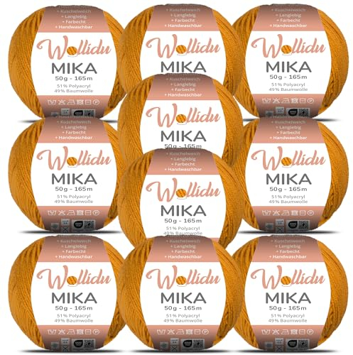 Wollidu Mika 51% Polyacryl 49% Baumwolle zum Häkeln und Stricken 10x 50g/165m Oeko-Tex Strickgarn Häkelgarn - Senf