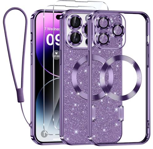 Kokio Magnetica per iPhone 14 Pro Cover Glitter,Con 2 * Vetro Temperato e 1* Cordini,Compatibile con MagSafe,Glitterata Custodia per Womem Girl,Con Protezione dell Obiettivo Fotocamera,Lilla