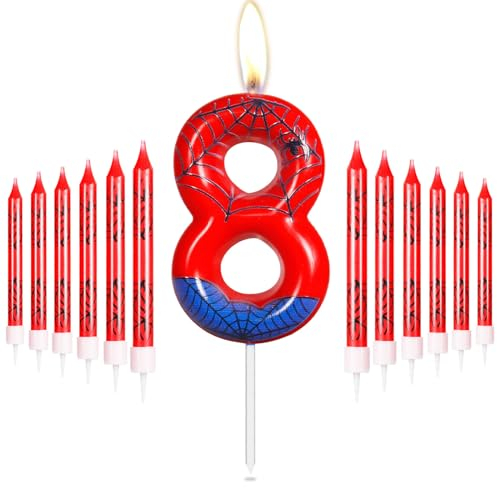 Blue Red 8th Birthday Candles, Spider Number 8 Candle for Cake, Girls Boys 8th Birthday Decorations,Spider Cake Spider Web Decorations, Spider Themed Party for Boys Girls Birthday Decorations Supplies
