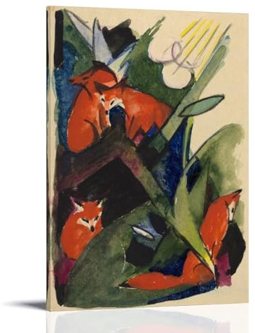 NeAFP Franz Marc Artwork – Vier Füchse Druck, Poster, dekoratives Gemälde, Leinwand, Wandkunst, Wohnzimmer, Schlafzimmer, 60 x 90 cm