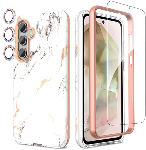 SHEDEER for Samsung A55 5G Case with Glitter Camera Protector + Screen Protector, Samsung Galaxy A55 Case Anti-Yellowing Chic Pattern, Shockproof Drop Protection Phone Cover A55 5G 6.6'', White Marble