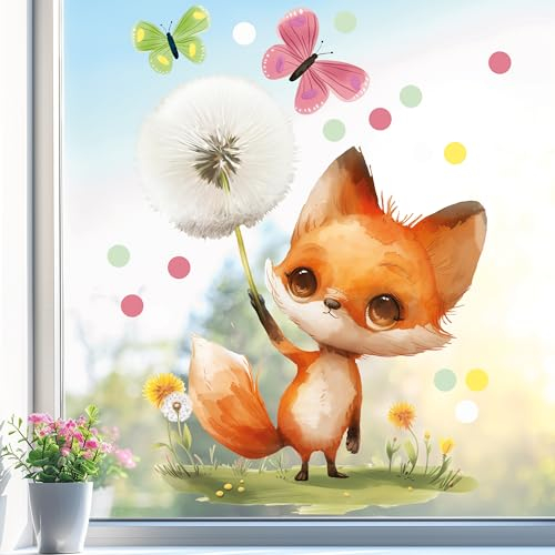 Sunnywall Fensterbild Fensterdeko Fuchs Pusteblume Fensteraufkleber statisch selbstklebend beidseitiger Druck Aufkleber Fenstersticker WIEDERVERWENDBAR A2