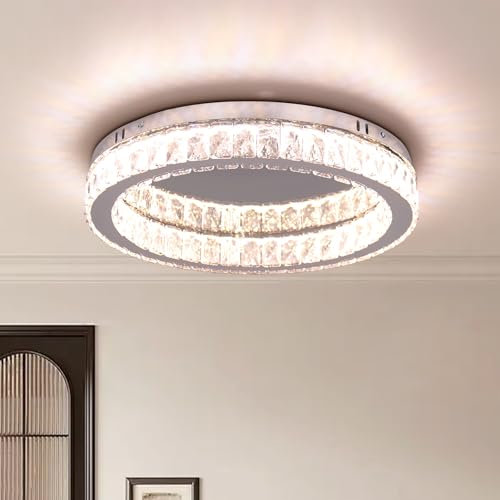 Fintonglan 17.7 Dimmable Crystal LED Ceiling Light Fixtures Modern Round Chandelier Ceiling Lights Fixtures Low Profile Ceiling Lamp with Remote Control for Living Room Dining Room Kitchen 48W