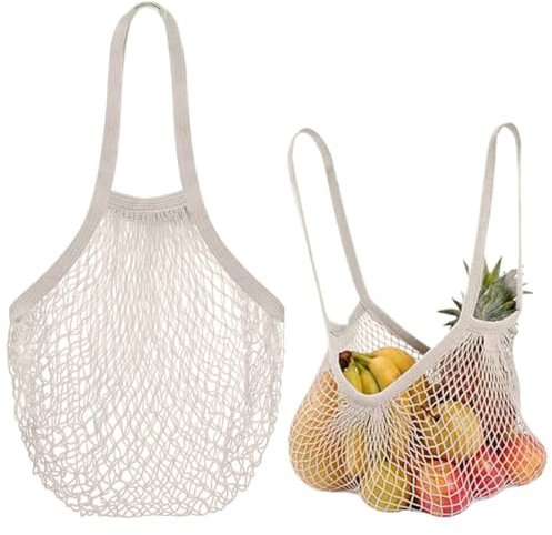 2 Stück Einkaufstasche Netz Wiederverwendbar,Einkaufstaschen aus Bio Baumwollseil,Baumwolle Einkaufsnetz Bags,Einkaufsnetzbeutel mit langem Griff für die Aufbewahrung von Obst und Gemüse,Beige