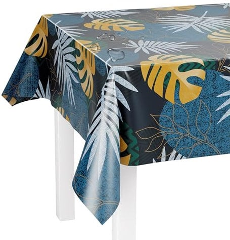LILENO HOME Tischdecke abwaschbar als Meterware 100x140cm (Schnittkante) in Monstera blau Motiv - Wachstuchtischdecke wasserabweisend ideal als Tischtuch o. Tischläufer für Bierzeltgarnitur